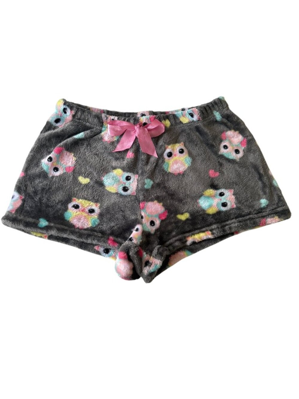 Just Be gray and pink super soft fleece owls and hearts pajama shorts size S